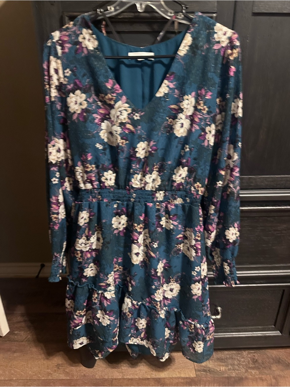 june & hudson Teal Floral Midi Dress with Cream & Purple Accents